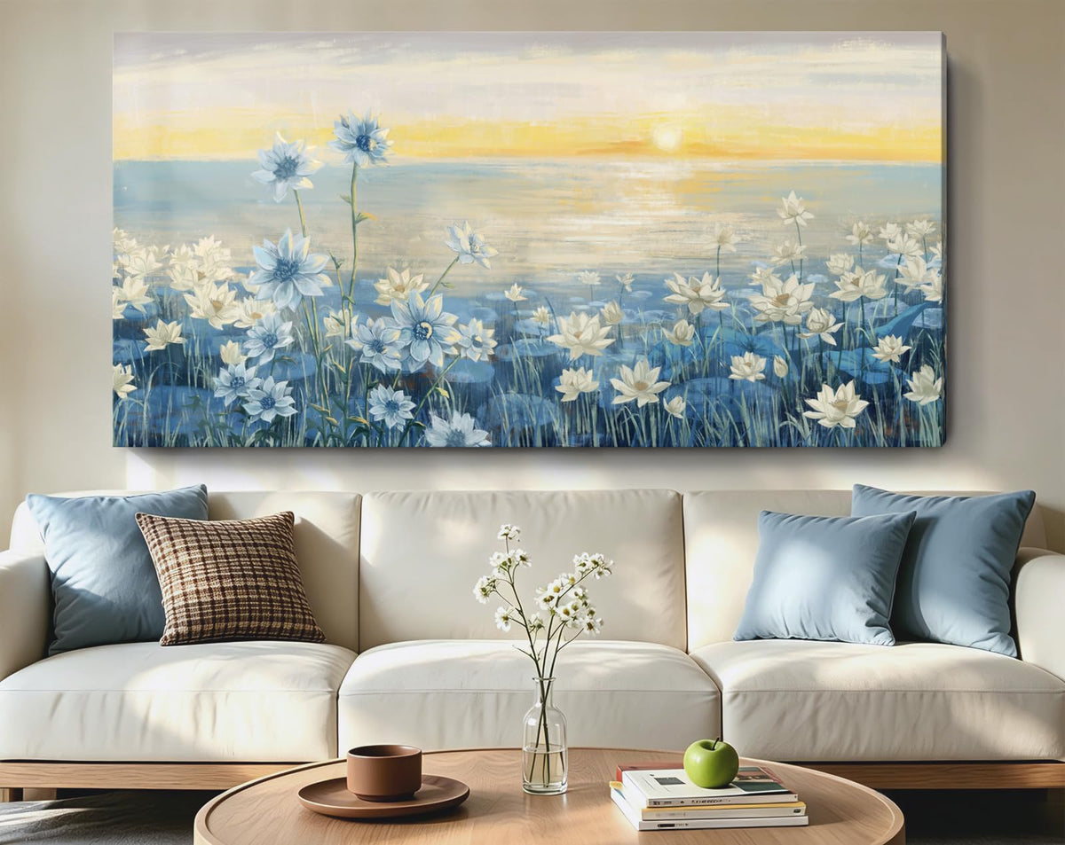 Extra Large Wall Art for Living Room Modern Framed Coastal Beachy Canvas Wall Art Big Floral Sunrise Blue Wall Picture Oversized Lake Nature Sunset Artwork for Office Bedroom Decor 58"x29" (Sunrise Wall Art / 58"L x 29"W)