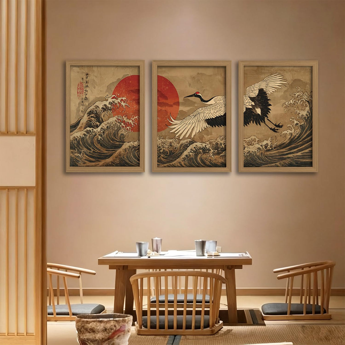 Framed 3Pcs Japanese Style Canvas Wall Art Crane Red Sun Wave Decor (white wild goose / 16"L x 12"W)