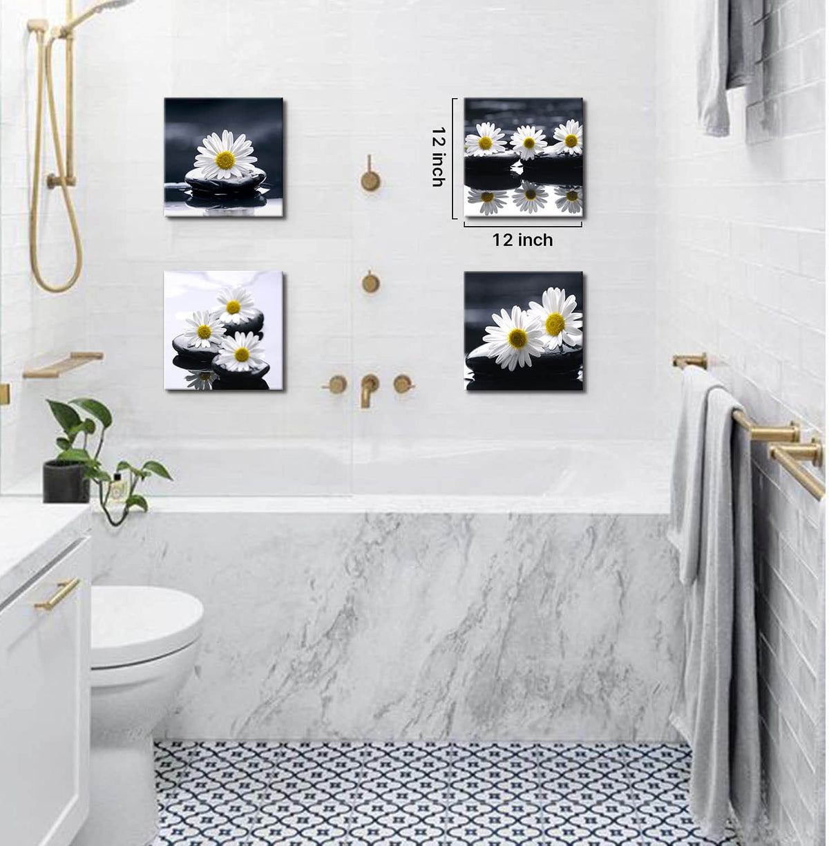Black and White Wall Art Zen Décor Canvas Print Daisy Poster Painting Flower Stone Picture Meditation Artwork for Bathroom Decoration Dining Wall Art Bedroom Living Room Decor Office Framed (AzeDa5bw / 12"L x 12"W x 4 pcs)