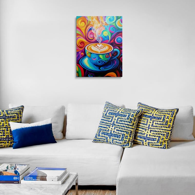 Abstract Coffee Cup Canvas Wall Art Framed Print Painting Colorful Swirling Heart Vibrant Modern Whimsical Cafe Pop Art Wall Decor Artwork Poster for Kitchen Coffee Bar Dining Room 12x16 Inches (coffee / 16"L x 12"W)