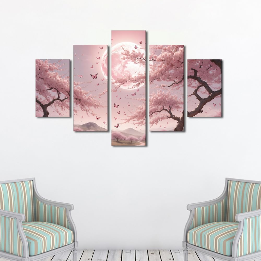 Canvas Wall Art Premium Whispering Spring Breeze Large Framed Poster Blossom Shower Artwork Bedroom Wall Display Five Panel Dreamy Floral Composition 60" Wx40 H (60''Wx40''H / Artwork-11)