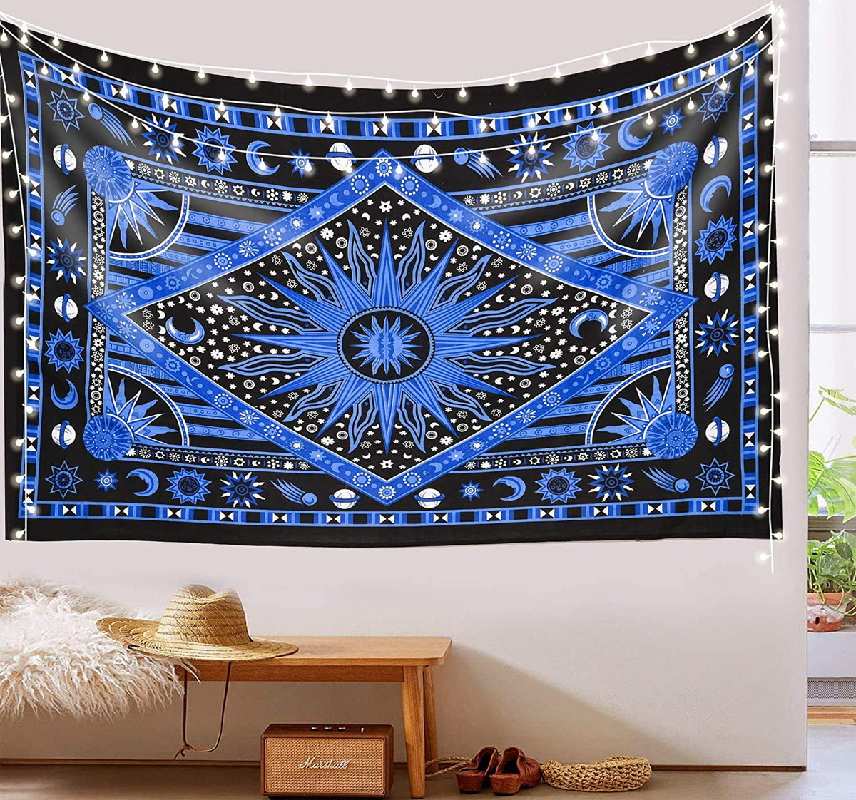 Sun And Moon Mandala Zodiac Aesthetic Tapestry (Blue / 30"L x 40"W)