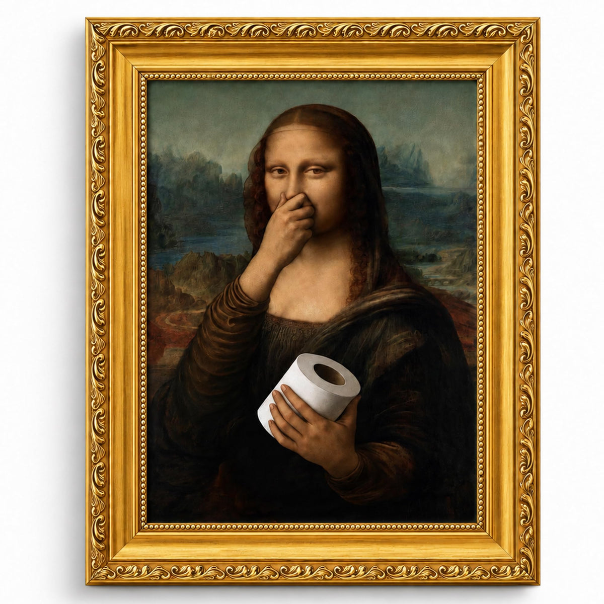 Gold Framed Bathroom Wall Art Mona Lisa Humor Amusing Toilet Art Pinching Nose Wall Decor Funny Vintage Painting Picture Print Whimsical Restroom 9x11 inch Small Framed (Mona Lisa / 11L" x 9W")