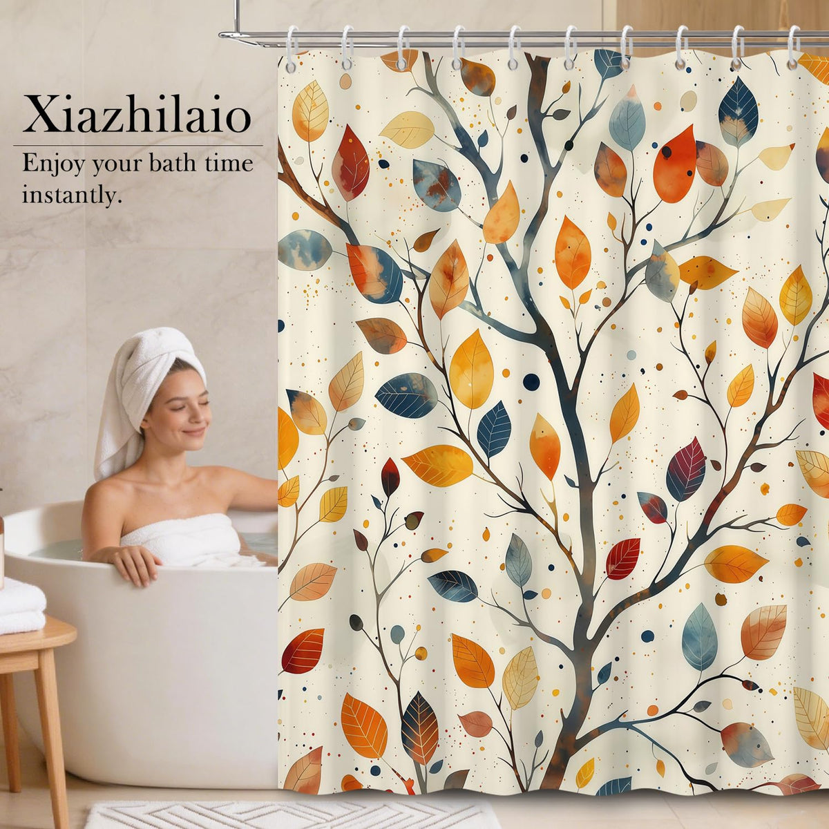 Watercolor Tree Shower Curtain with Hooks (Watercolor Leaf / 72"W x 78"L (Pack of 1))