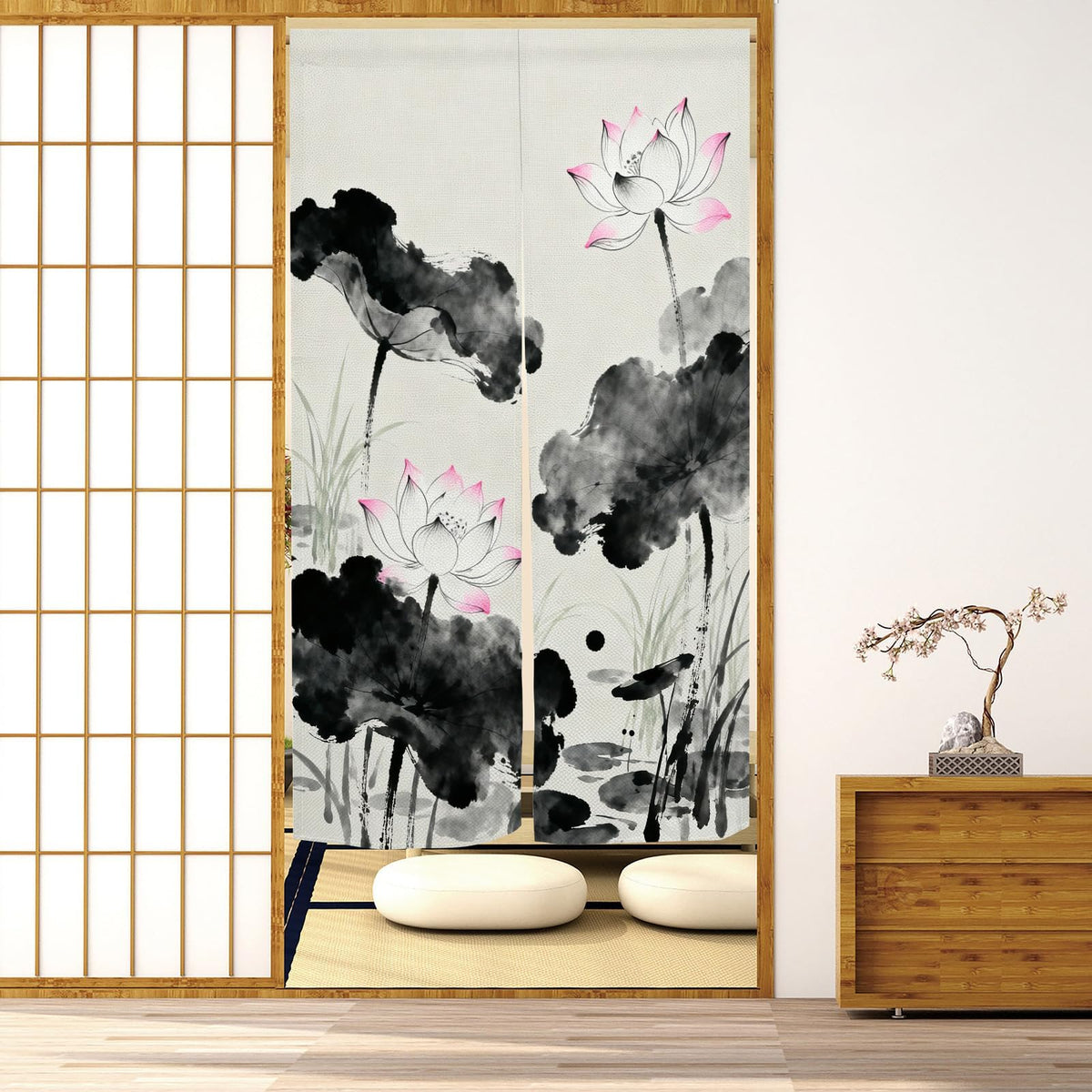 Japanese Noren Doorway Curtain Chinese Lotus Door Curtains 33.5x47.2inch (Grey / 33.5"W x 47.2"L (Pack of 1))