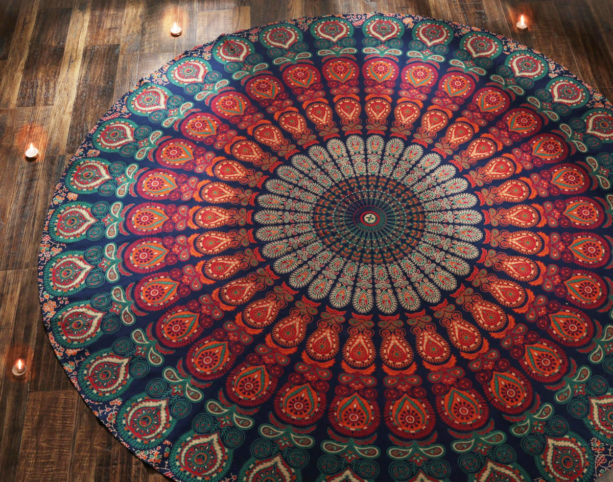 Boho Mandala Roundie Gypsy Hippie Tapestry Decorative Cotton Tablecloth Meditation Yoga Mat (Golden Blue / 72"L x 72"W)
