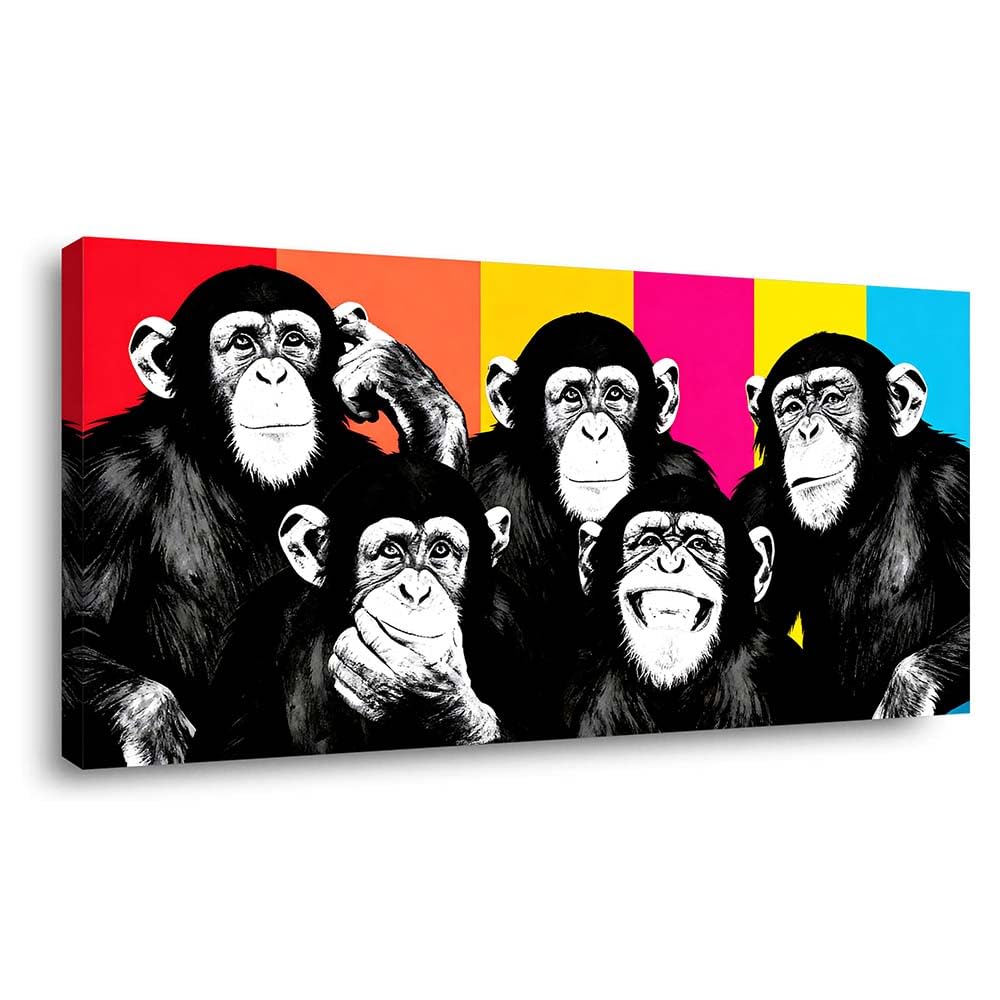 Colorful Pop Art Monkey Canvas Wall Art Funny Chimpanzee Animal Painting Print Gallery Wrapped Humorous Street Art Artwork for Living Room Bathroom Bedroom Decor (Wildlife / Black Monkeys 2 / 58"L x 28"W)