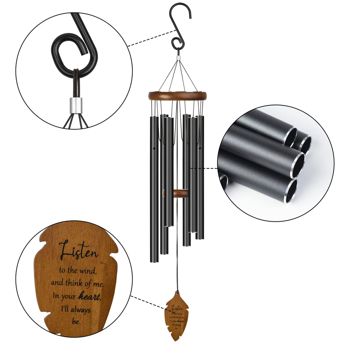 Outdoors Wind Chimes Sympathy Memorial for Loss of Loved One (34.6" Black)