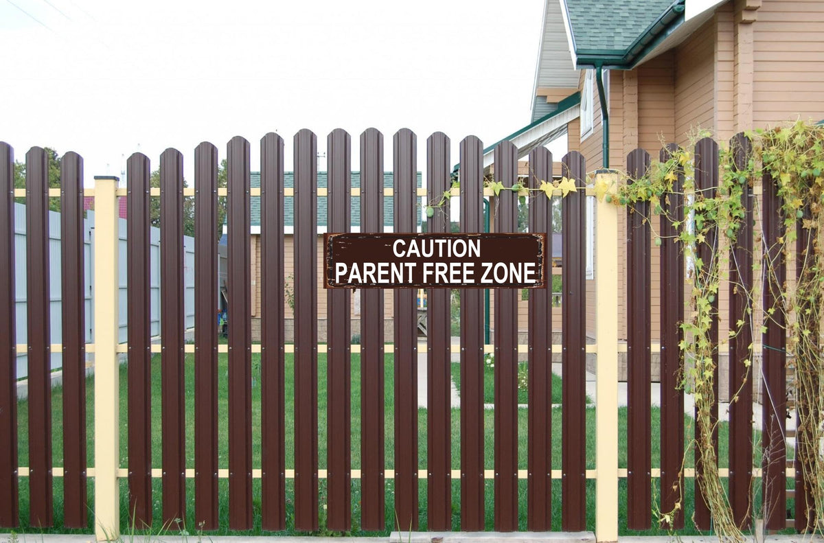 Caution Parent Free Zone" Vintage Metal Sign (Caution Parent Free Zone / 16 x 4 Inch)
