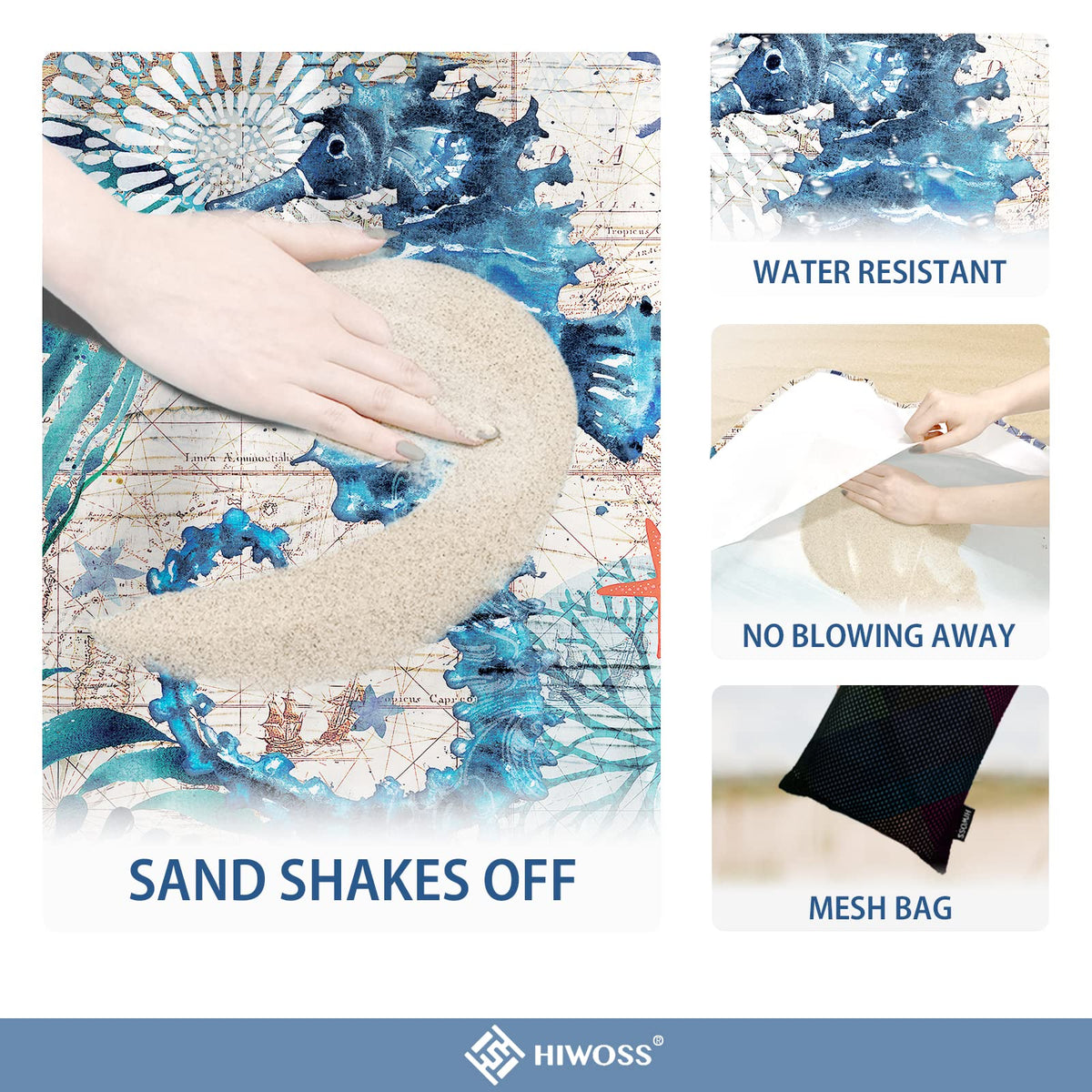 Beach Blanket Waterproof Sandproof Oversized 95”x 80” (Seahorse)