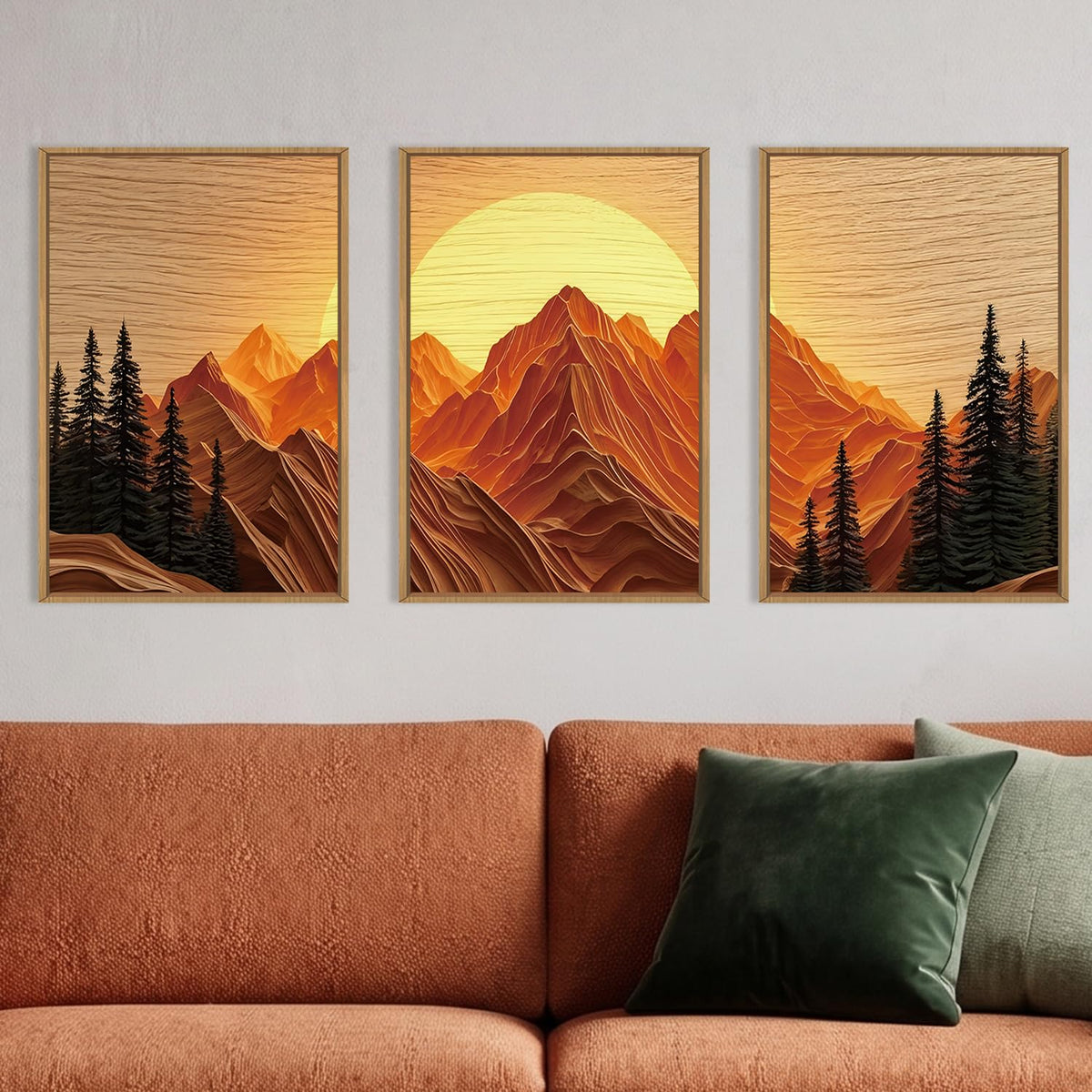 Large Boho Golden Mountain Framed Canvas Wall Art Set (Sun Mountain Wall Art / 16"L x 24"W)