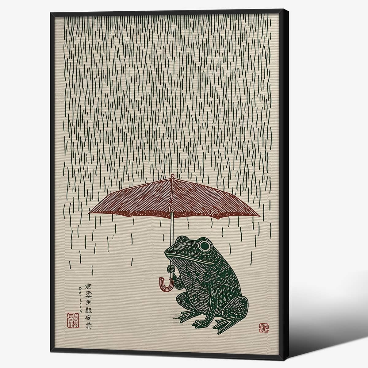 Black Framed Vintage Japanese Wall Art 24x36in Whimsical Frog with Umbrella Poster Cute Japan Animal Picture Painting Minimalist Asia Aesthetic Prints for Living Room Bedroom Office Ready to hang (Black Framed / Japanese Frog Poster / 36"L x 24"W)