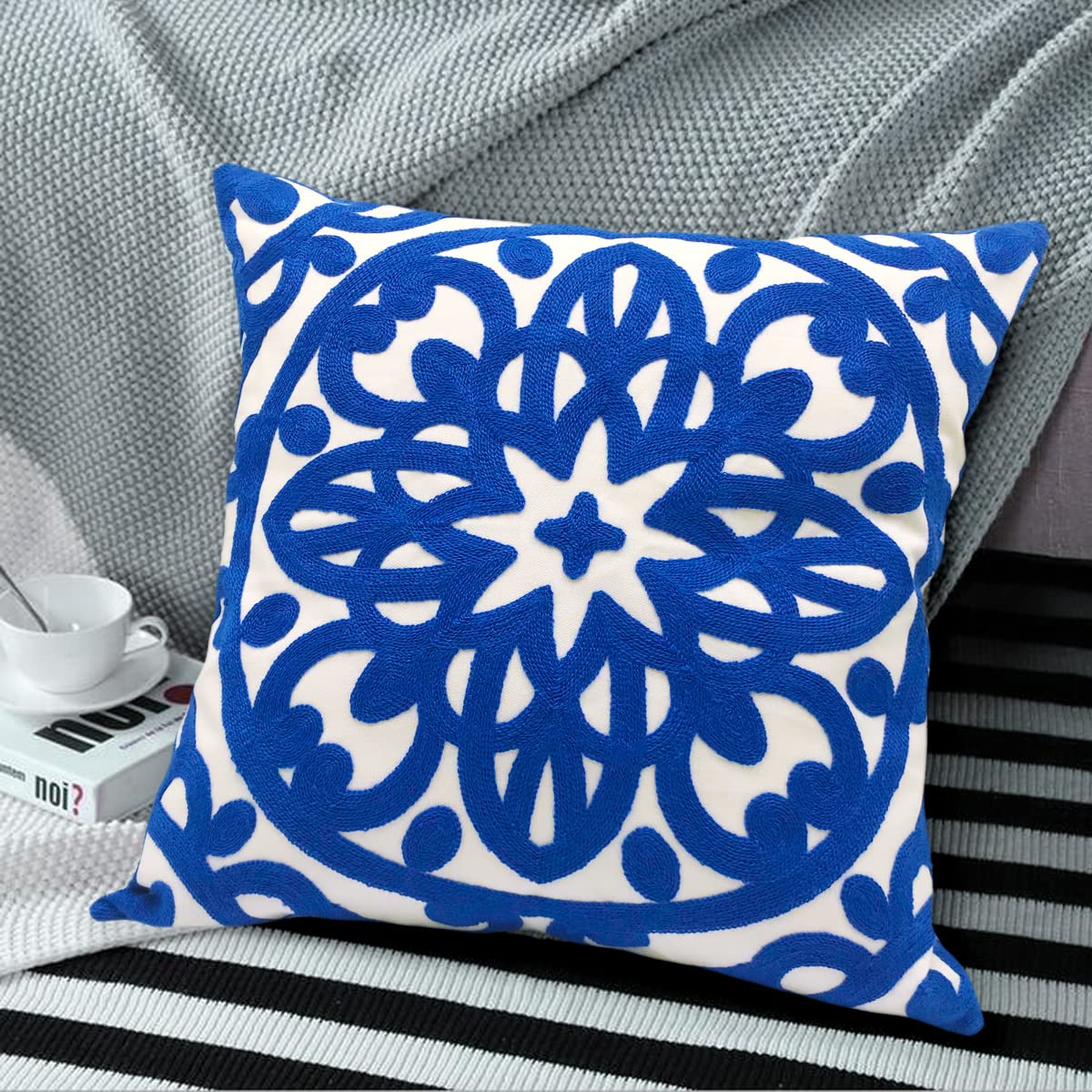 Embroidered Decorative Throw Pillow Cover 18"x 18" (Royal Blue / 18" x 18" (Pack of 1))