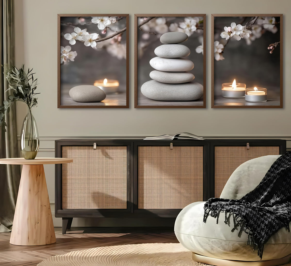 3 Piece Zen Canvas Wall Art Stacked Stones Cherry Blossom Candle Spa Wall Decor Calming Minimalist Neutral Poster Print Art for Bathroom Bedroom Yoga Room Office Living Room 12x16in Unframed (Poster / 16L''x12W'')