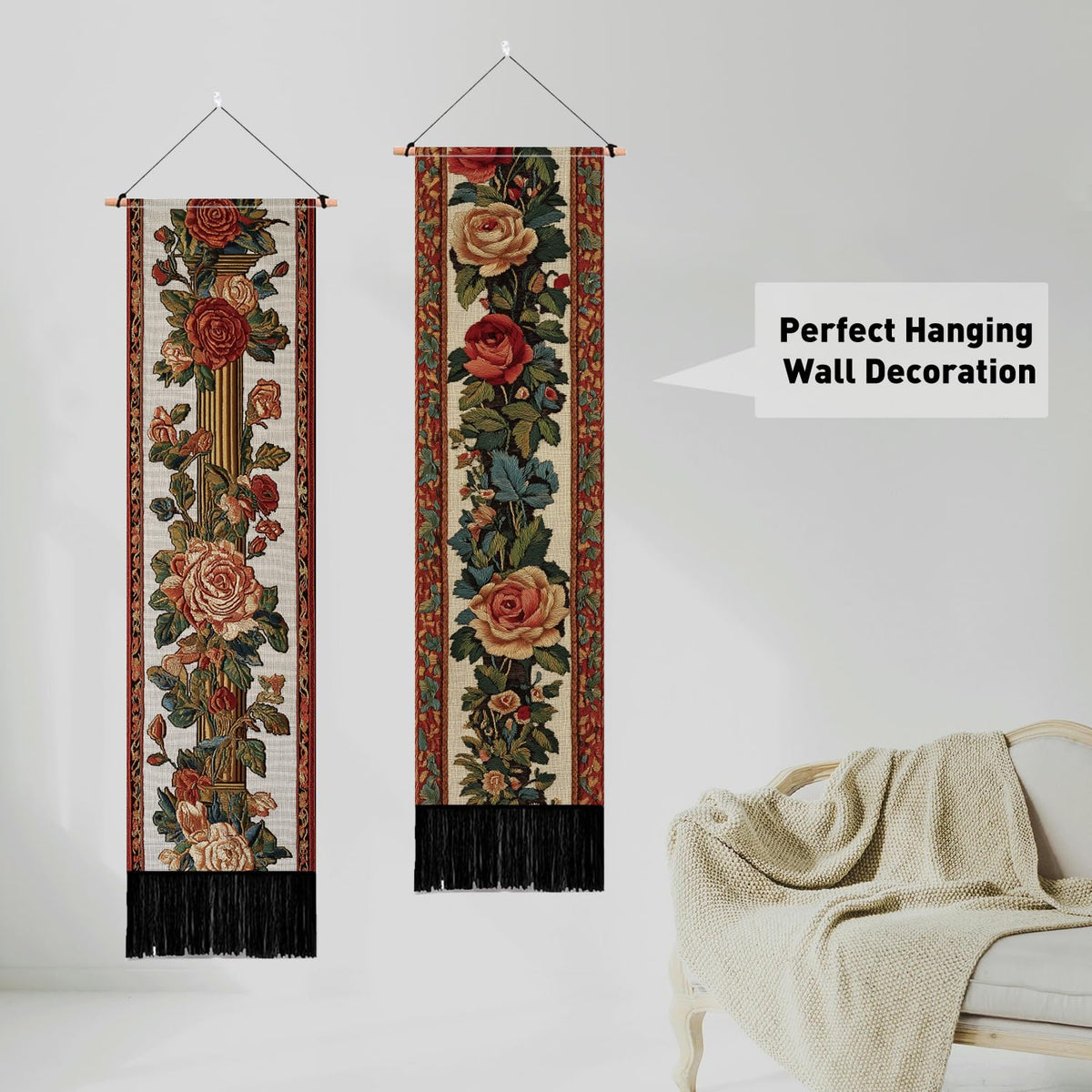 2 Pack Vintage Floral Tapestry with Tassels (red,green)
