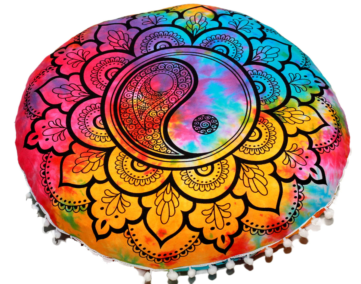 Round Mandala Floor Pillow Cover Seating Cushion Throw Cover Ottoman Pouf Cover Pom Pom Pillow Cases Hippie Decorative Bohemian Boho Indian 22 Inches (Multi Color)
