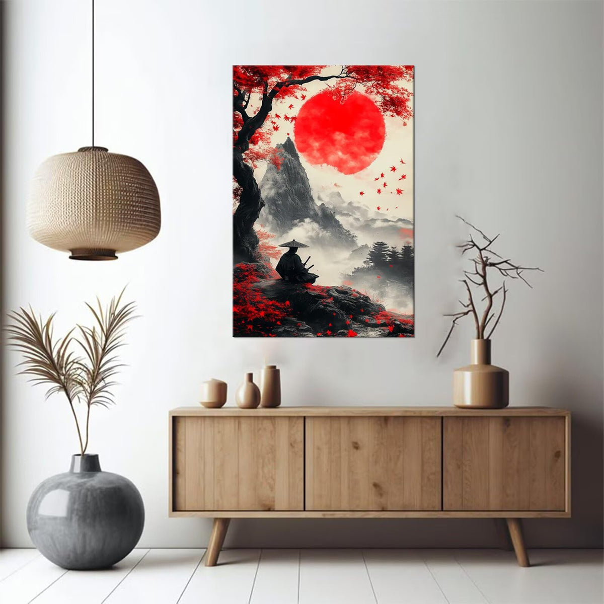 Giant Red Sun Maple Ronin Canvas Framed Wall Art (12"L x 16"W / Samurai21)
