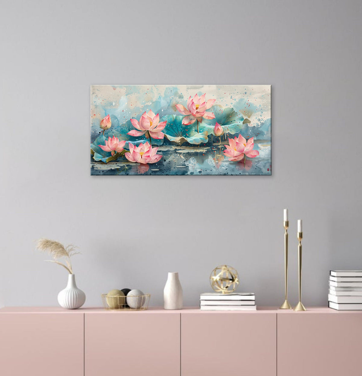 1Pcs Pink Lotus Flowers Canvas Prints Wall Art Green Leaves and Blooming Water Lilies Framed Wall Decor Ready to Hang Nature (Pink Lotus-One Piece / 16"L x 8"W)