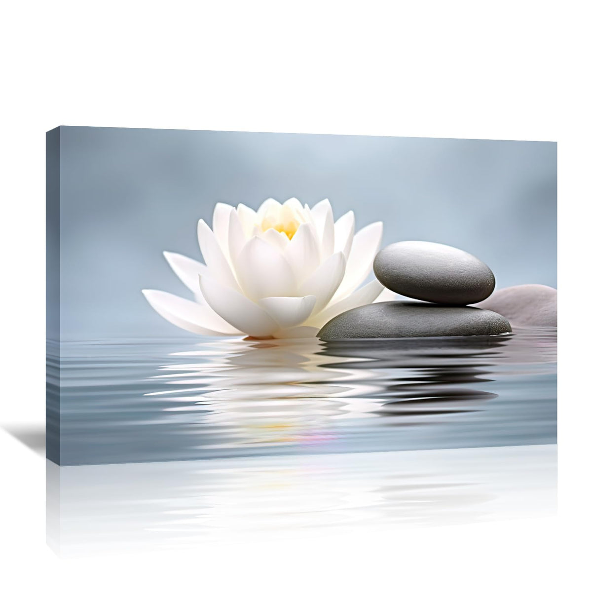 Zen Wall Art White Lotus Canvas Print Wall Decor Spa Massage Stones Picture Relax Calm Modern Meditation Painting Artwork for Yoga Spiritual Room Office Home Decor Framed (30"L x 20"W / Q - Blue)