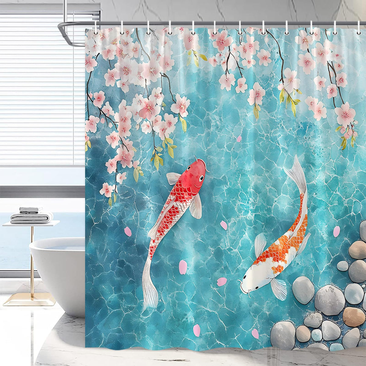 Zen Garden Shower Curtain Japanese Fish Pink Cherry Blossom Lake Rustic Asian Spa Watercolor Art Bathroom Decor Polyester Fabric with Hooks (Pink Blue / 150x180cm/60x70in)