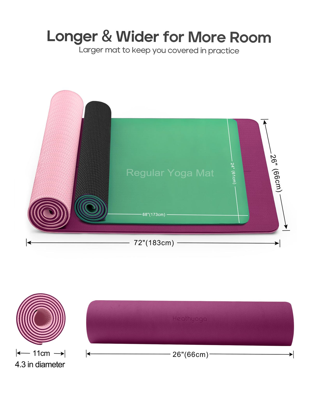 Yoga Mat Non Slip TPE Pilates Exercise Mats for Home Workout Gym Fitness Eco Friendly Thick Hot Yoga Mat with Strap Body Alignment (Deep Purple)