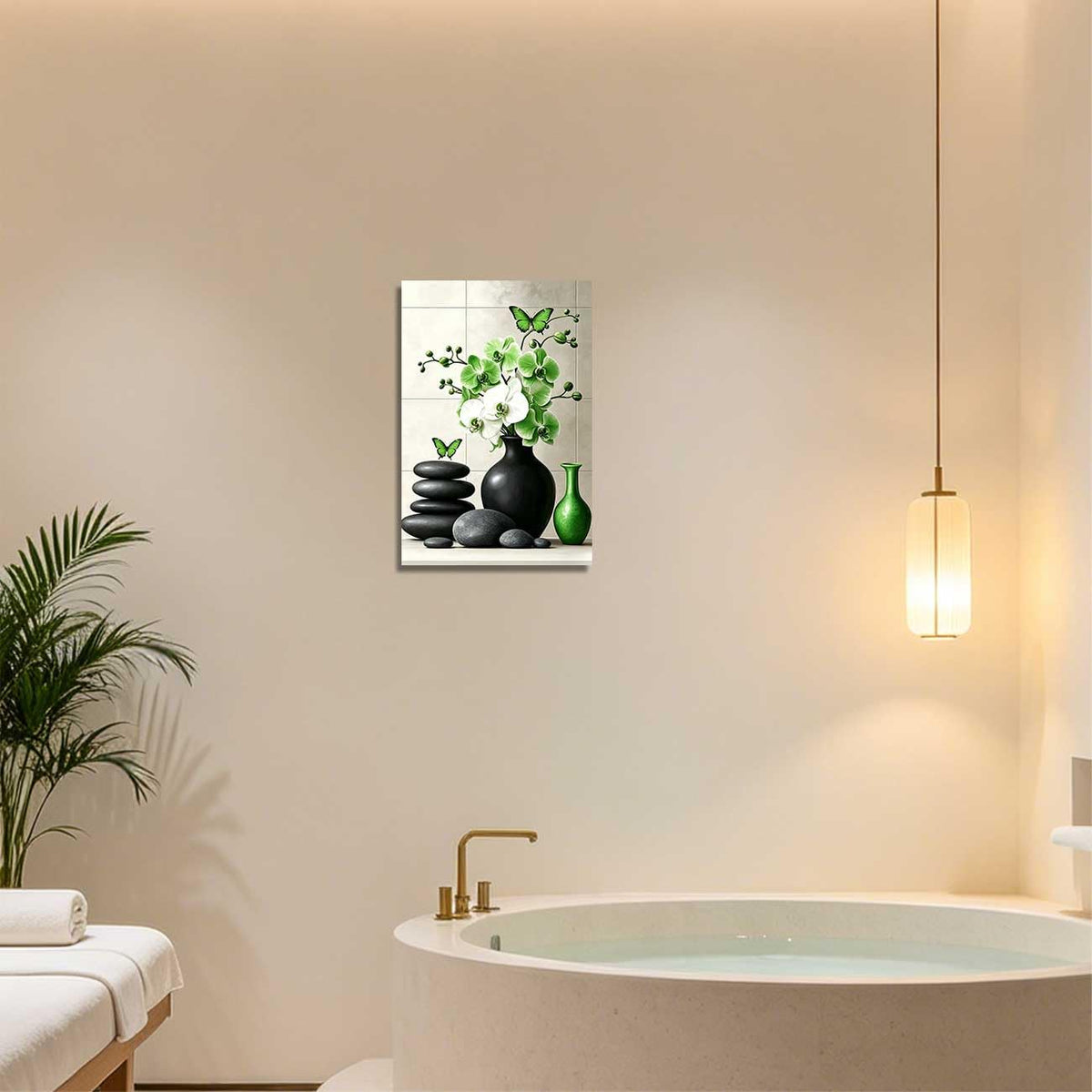 Orchid Flower Canvas Wall Art Zen Bathroom Pictures Prints Spa Stone Butterfly Wall Decor Black White Yoga Meditation Paintings for Living Room Bedroom (Green / 24"L x 16"W)