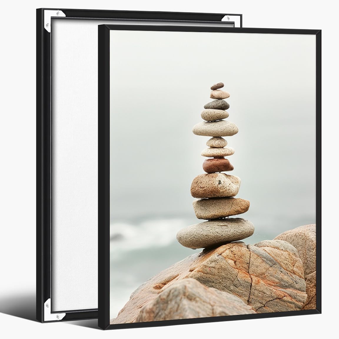 Tall Zen Rock Stack Wall Art (Black Aluminum Frame-7 / 12"L x 16"W)