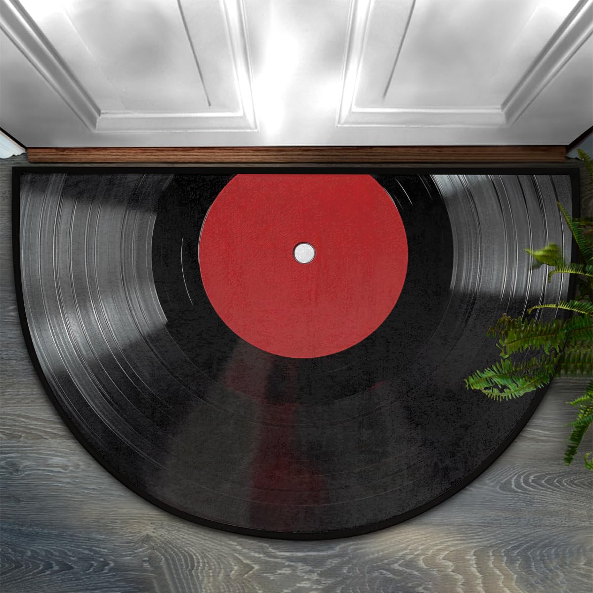 Music Vinyl Record Half Round Door Mat Indoor Entrance Low Pile Non Slip Absorbent Semi Circle Welcome Mats Doormats 36x24 in Floor Mats for Home Kitchen (Black Red Vinyl Record)