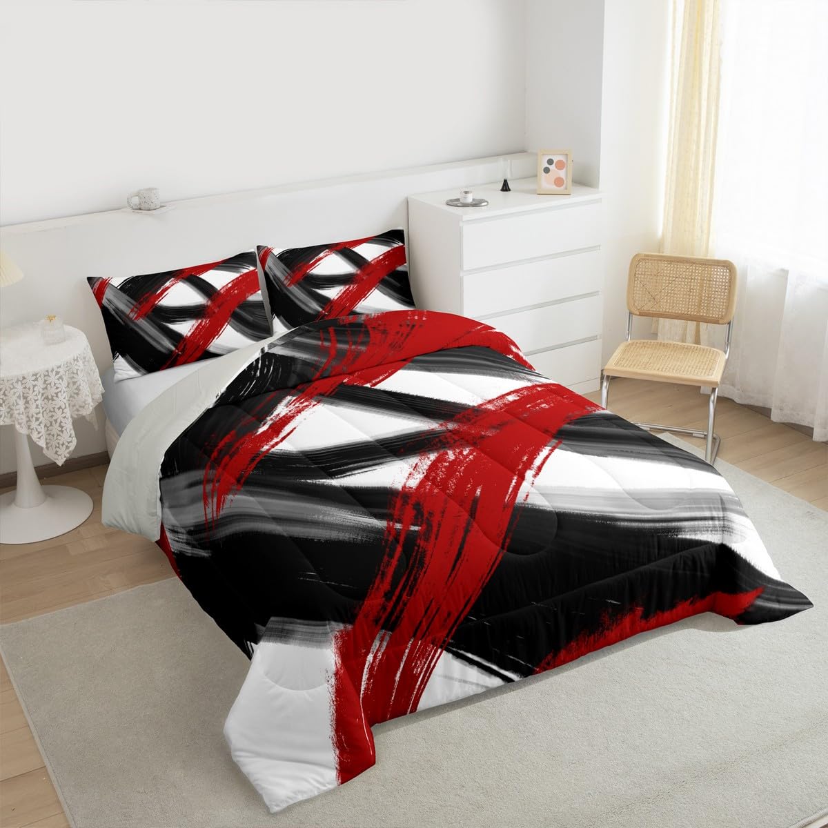 Black Red Comforter Set Queen Size Abstract Geometric Bedding Set for Boys Girls Modern Minimalist Duvet Quilt Room Decor Breathable Soft Microfiber All Season 3Pcs with 2 Pillow Cases (Multi 45684 / Queen)