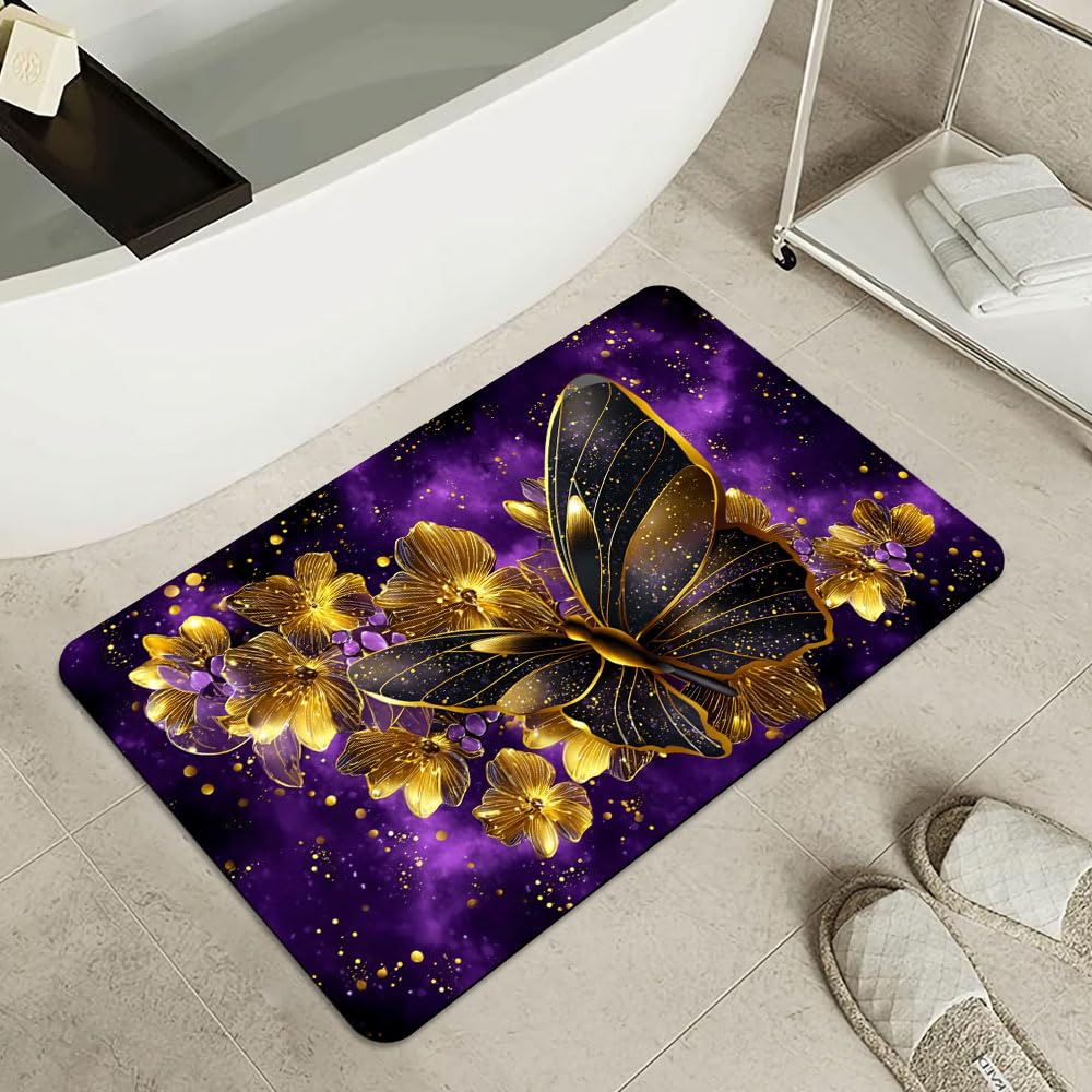 Bath Mat Bathroom Rug (Butterfly With Golden Flowers- / 1'8" x 2'8" (Rectangular))