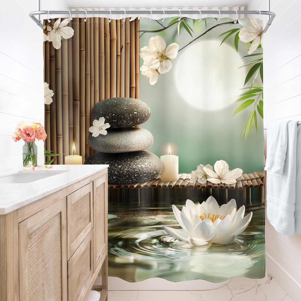 Lotus Zen Bamboo Stone Shower Curtain Spa Floral Flowers 60Wx72L Inch (E-green / 60"W x 72"L (Pack of 1))