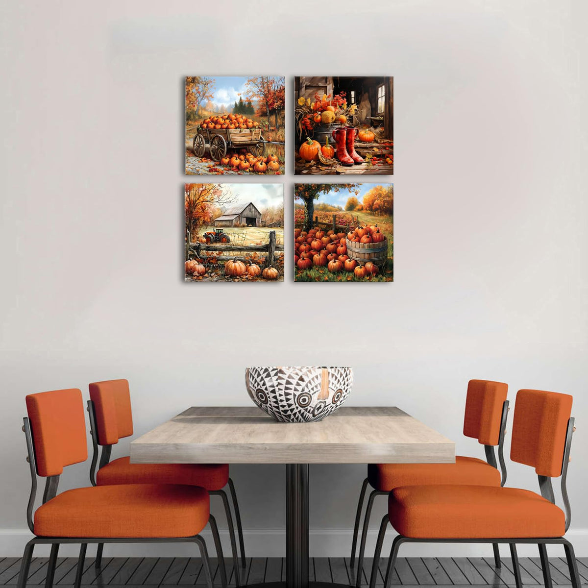 Farmhouse Barn Wall Art Burnt Orange Pumpkin Picture Kitchen Wall Decor Watercolor Rural Fall Scenery Poster Autumn Country Farm Truck Prints Canvas for Living Room Dining Home Decorations 20x20" 4P (20"L x 20"W / Vintage Pumpkin)