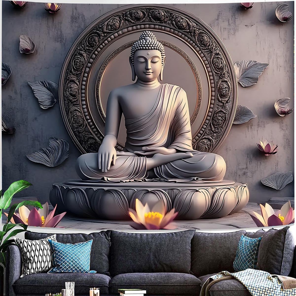 Vintage Sitting Buddha Tapestry Wall Hanging Buddhist Statue Tapestries Lotus Meditation Wall Decor Psychedelic Indian Zen Art for Bedroom Living Room Home Decor (Grey2 / 59"L x 51"W)