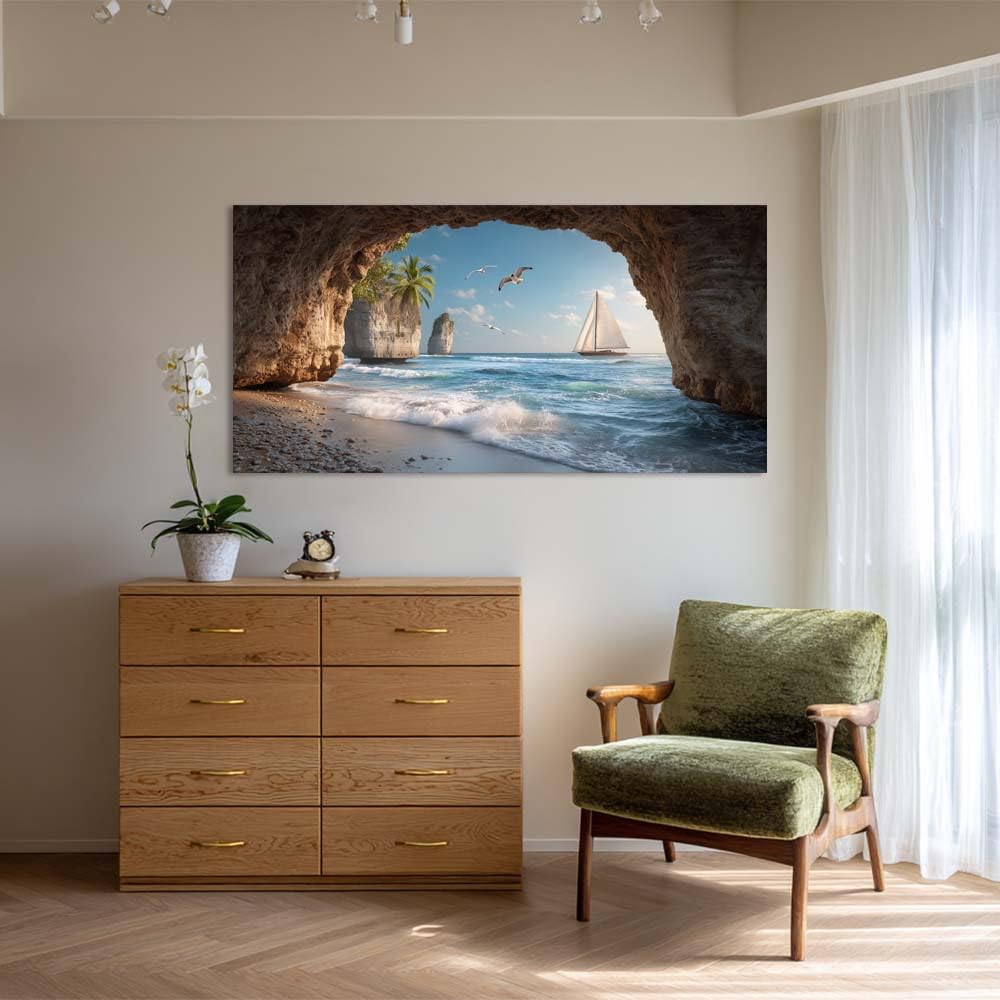 Scenic Ocean Cave View Canvas Wall Art Coastal Sailboat Tropical Island Beach Landscape Painting Gallery Wrapped Relaxing Nature Print Artwork for Living Room Bedroom Bathroom Decor (Coastal / Beach Cave Sailboat 34 / 58"L x 28"W)