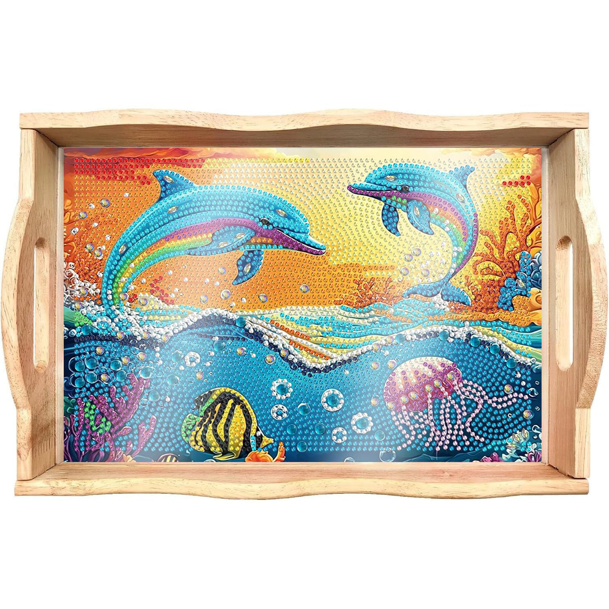 Dolphin Diamond Painting Wooden Serving Tray with Handle for Adults (Dolphin Small)