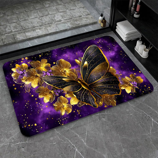 Bath Mat Bathroom Rug (Butterfly With Golden Flowers- / 1'8" x 2'8" (Rectangular))