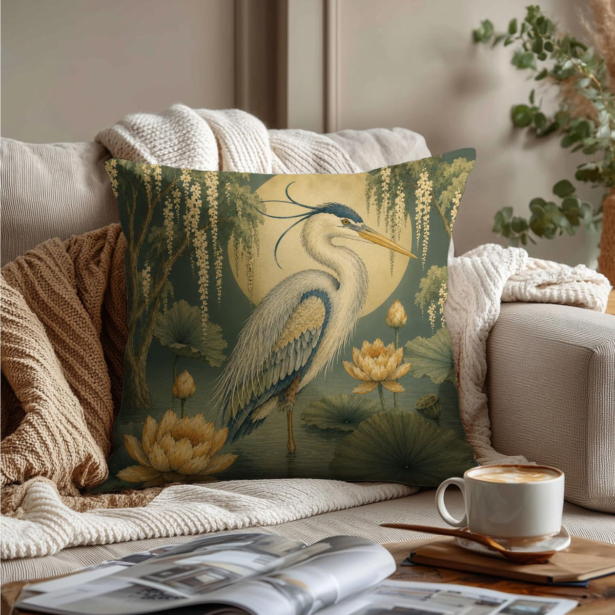 Vintage Great Blue Heron Pillow Cover 18x18 (White-blue Heron Bird 21)