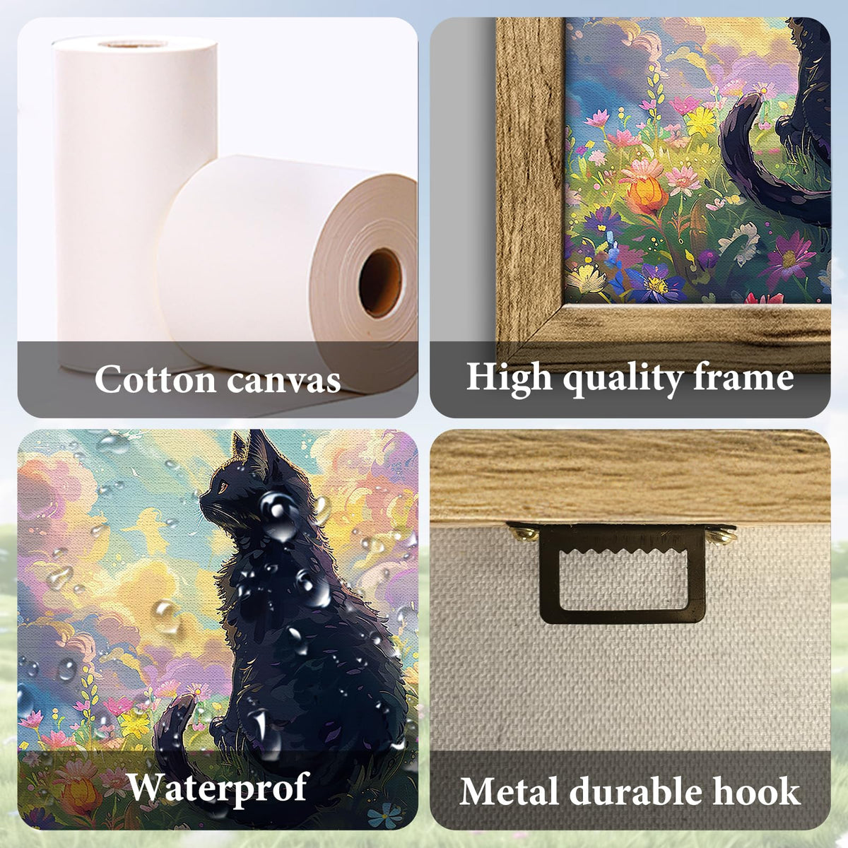 Black Cat Framed Wall Art Anime Cat Pictures Canvas Wall Decor Wildflower Landscape Painting Nature Decorations for Bathroom Bedroom Living Room Office 24"x16" (Black Cat / 24"L x 16"W)