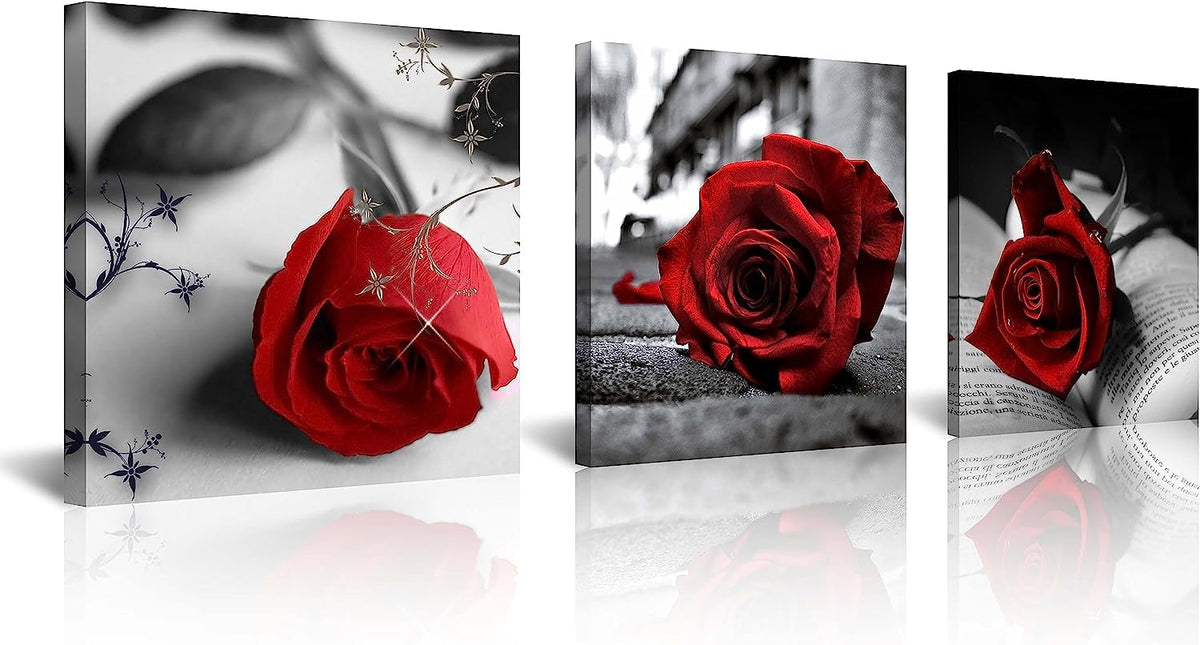 Canvas Print 3 Pcs Black and White Red Rose Canvas Art Painting Abstract Wall Art Decorations Flower Picture on Canvas for Home Decor Stretched and Framed (20 x 20 inches (3-Piece Set) / A-Rose)