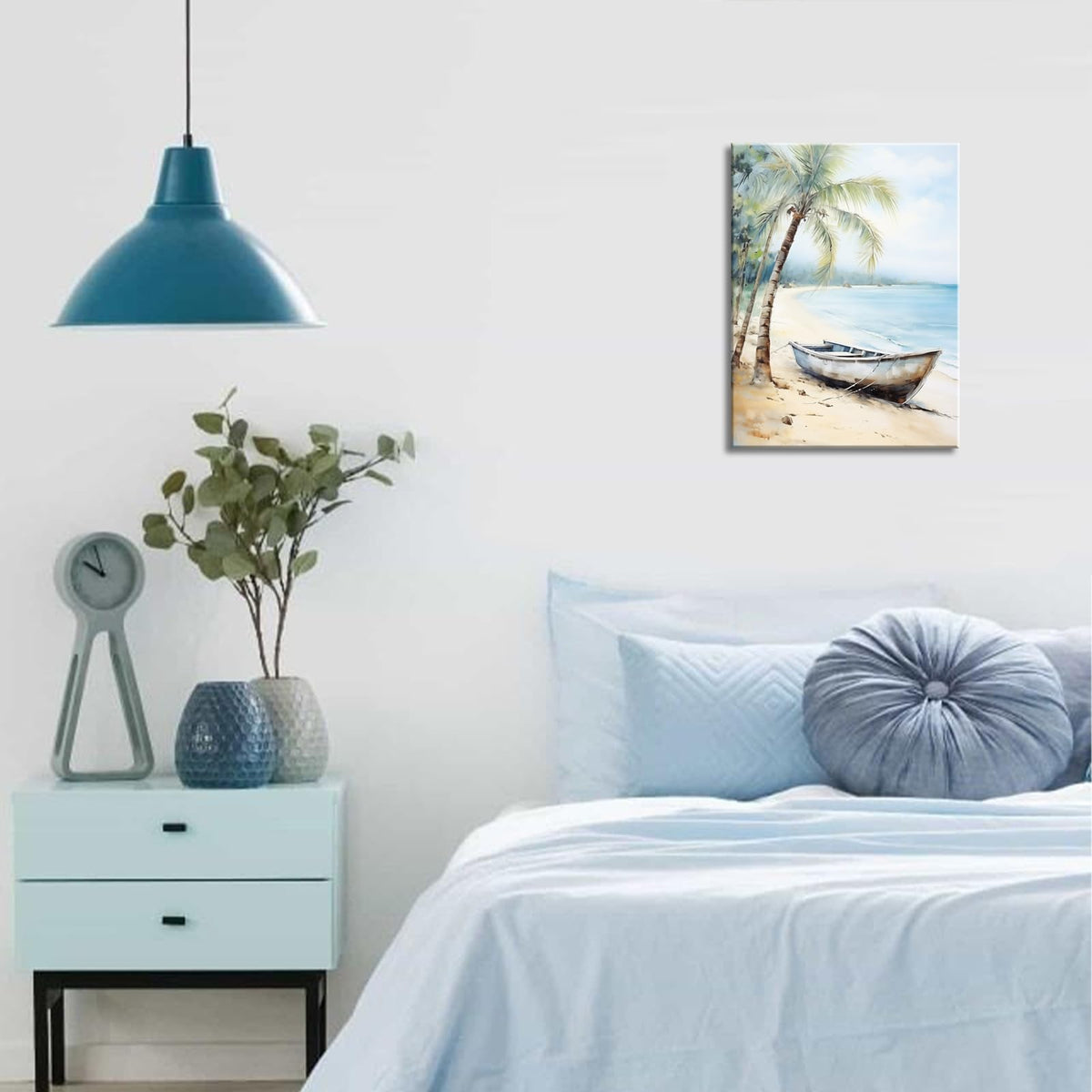 Boat and Palm Trees by the Sea Canvas Wall Art Decor Print Nursery Pictures Home Decor for Living Room Bedroom Wood Framed 12x16 Inches (16"L x 12"W / Boat)