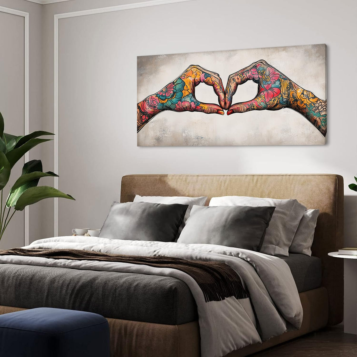 Colorful Two Tattooed Hands Heart Shape Wall Art for Living Room Office Romantic Gesture Contemporary Painting Prints Modern Canvas Artwork Dining Bedroom Decor (Contemporary / Colorful TwoTattooed Hands Wall Art / 40"L x 20"W)