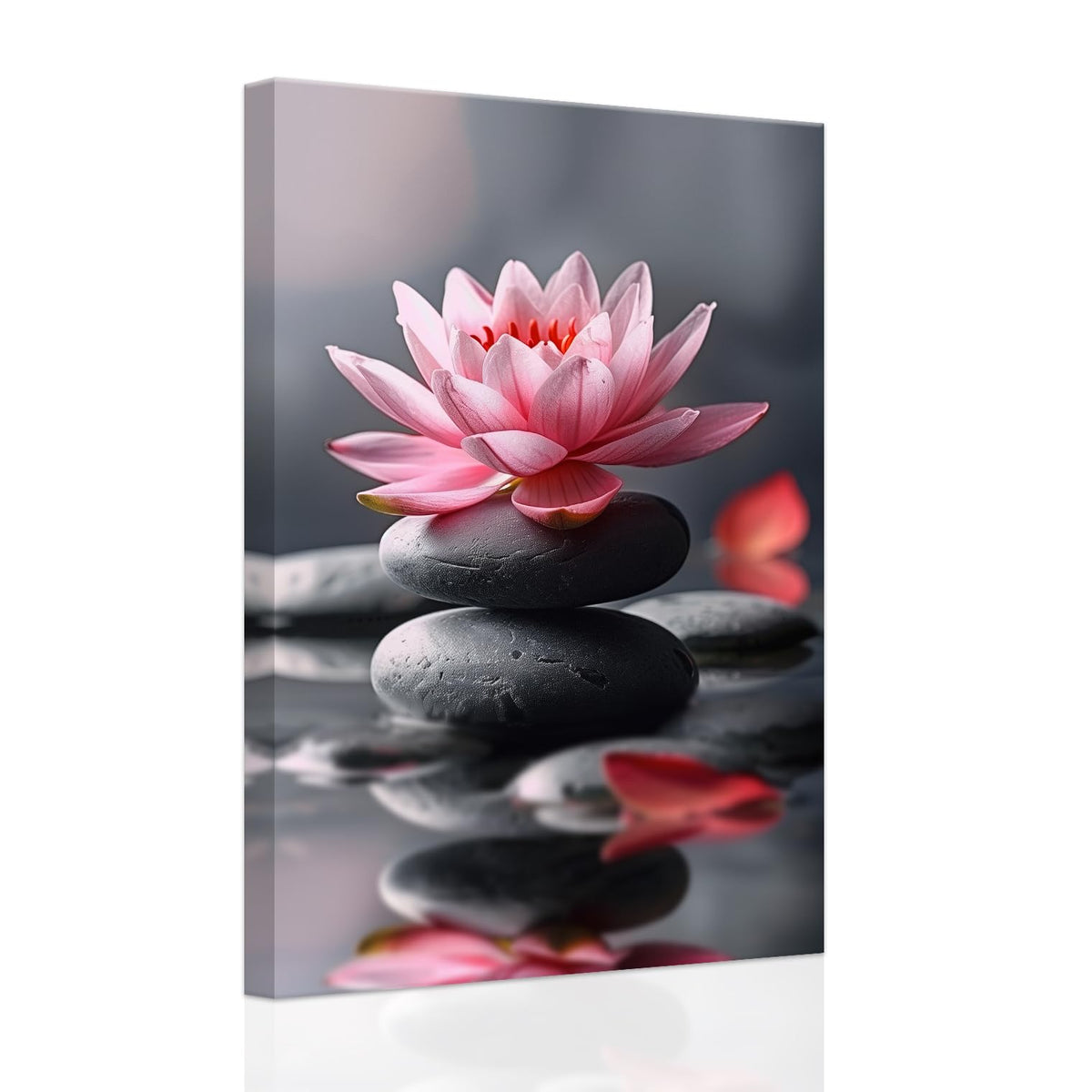 Pink Lotus Flower Picture Zen Flower Wall Art Spa Meditation Canvas Poster Spiritual Yoga Bathroom Print Wall Decor Framed (Black / 20L" x 30W")