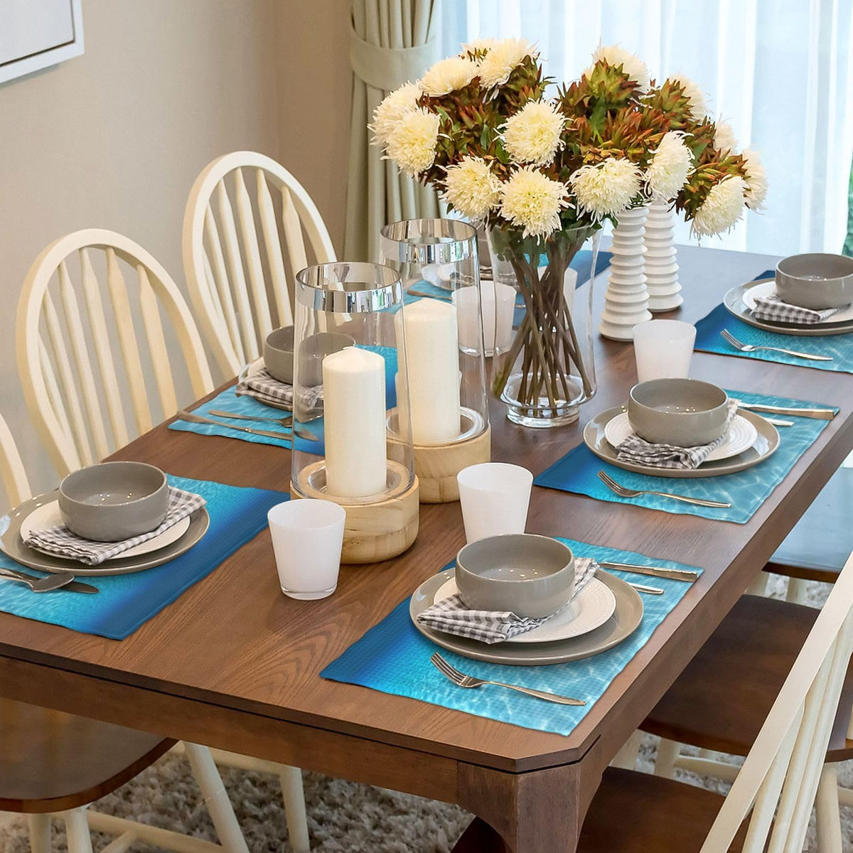 Blue Sea Placemats Set of 6 Linen Washable 12x18 Inch (Blue White / 6PCS)