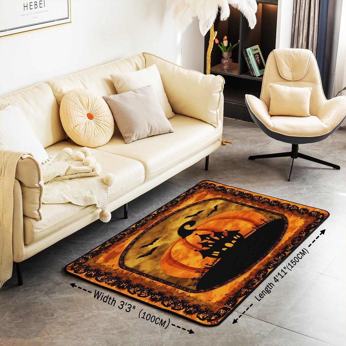 Halloween Pumpkin 3 x 5 Area Rug Spooky Haunted House Rugs for Living Room (Orange Black / 3'3" x 4'11" (Rectangular))