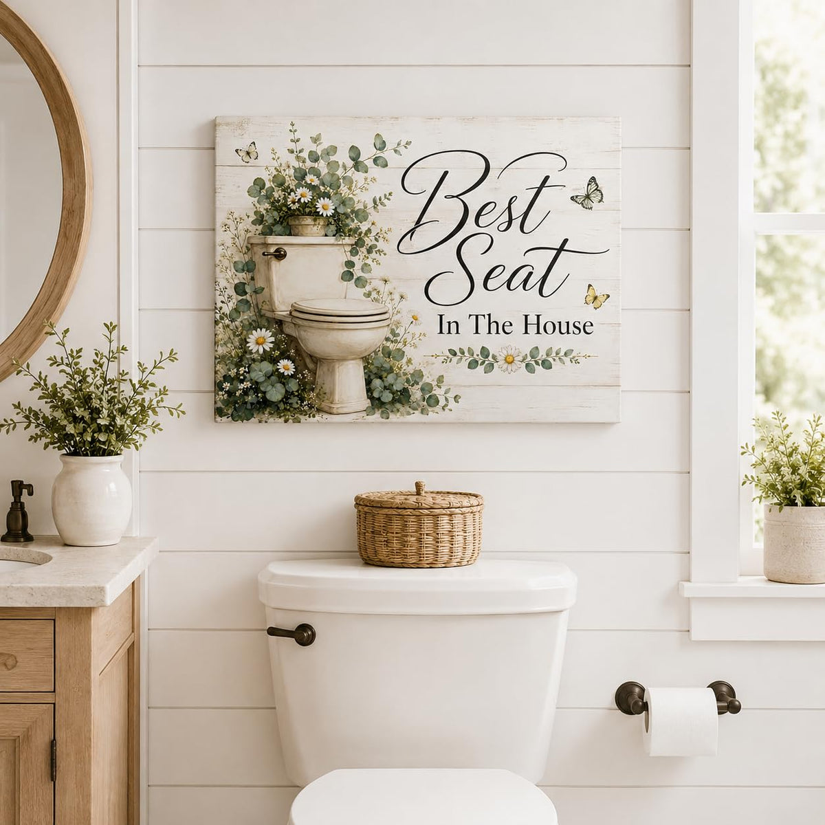 Best Seat in the House Framed Wall Art Canvas Funny Bath Decor 16x24 Inches (Farmhouse Bathroom / 24"L x 16"W)