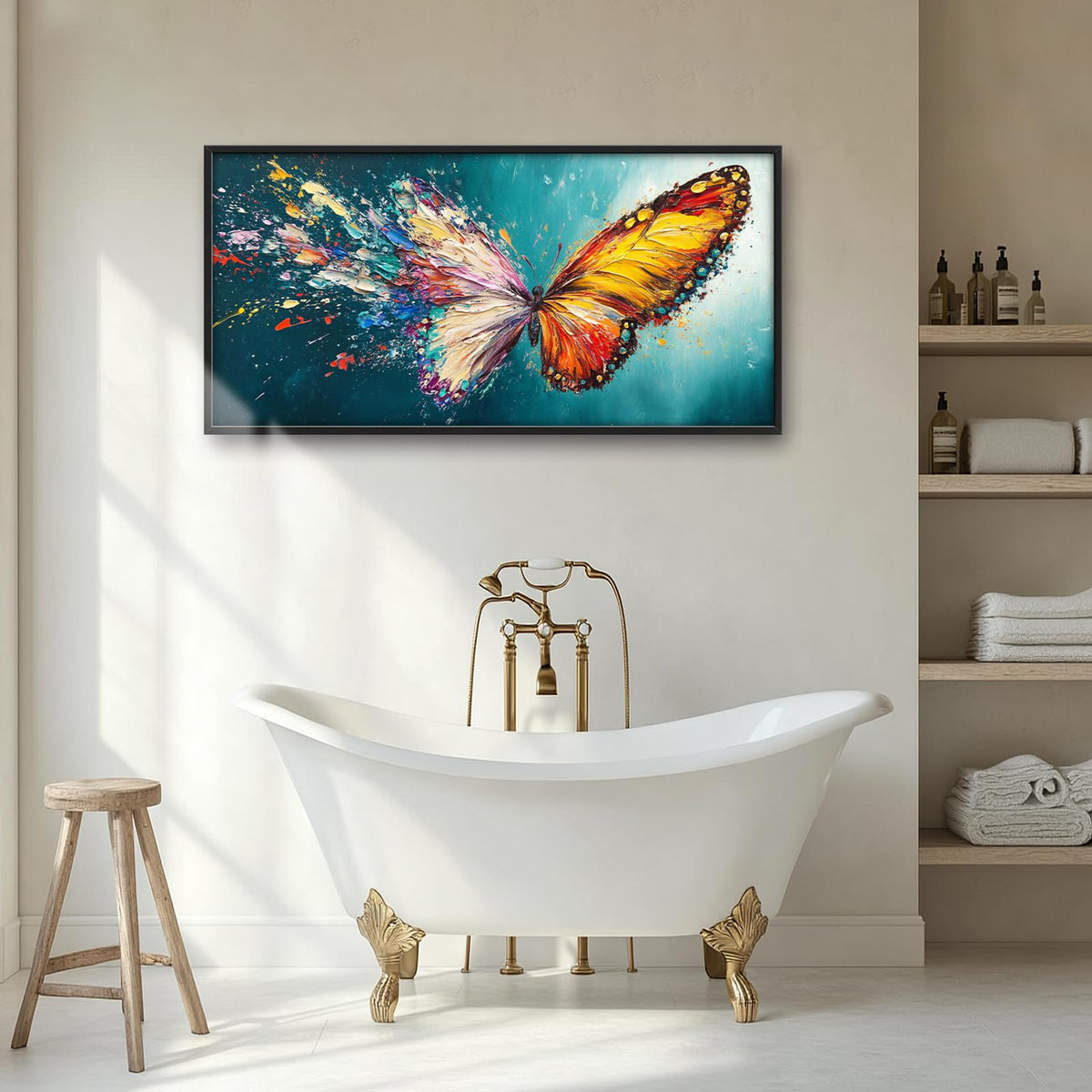 Large Framed Abstract Butterfly Wall Art (Ink-splashing Butterfly / 60"L x 30"W)