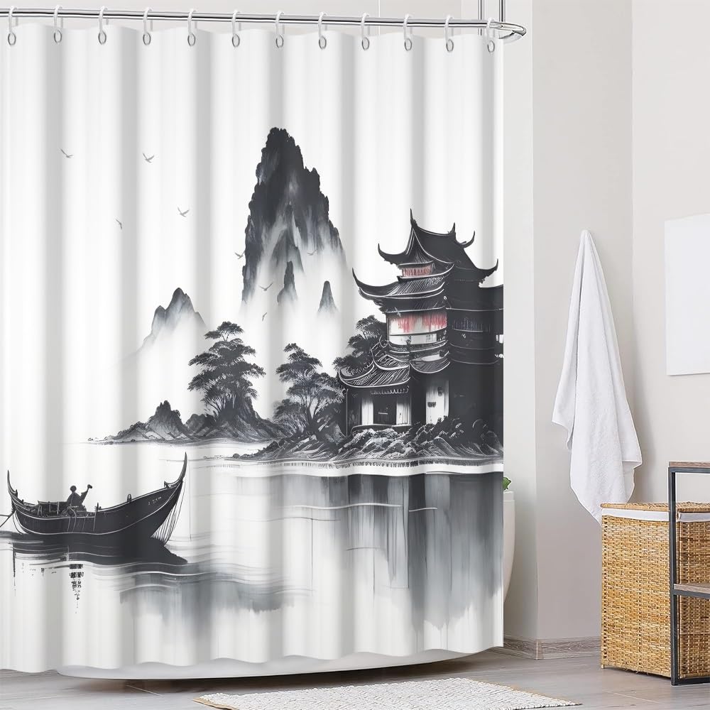 Traditional Japanese Painting Shower Curtain Ink Painting Asian Oriental Abstract Art Shower Curtain Foggy Mountain Boat Wild Goose Outdoor Natural Scenery Bathroom Curtains 69x75 Inch (69"W x 75"L (Pack of 1) / Black-71)