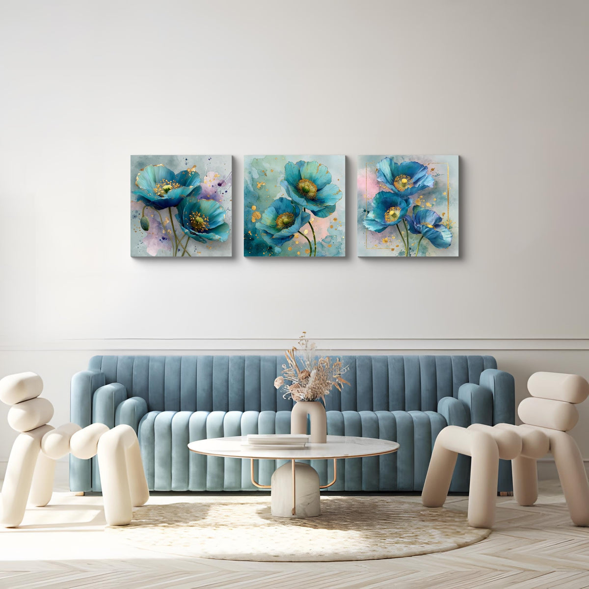 3Pcs Blue Teal Poppy Flower Wall Art Canvas Print with Gold Accents Modern Botanical Floral Contemporary Watercolor Style Elegant Flower Artwork for Living Room Bedroom Home Office Wall Decor (20 x 20 inches (3-Piece Set) / Blue Poppy)