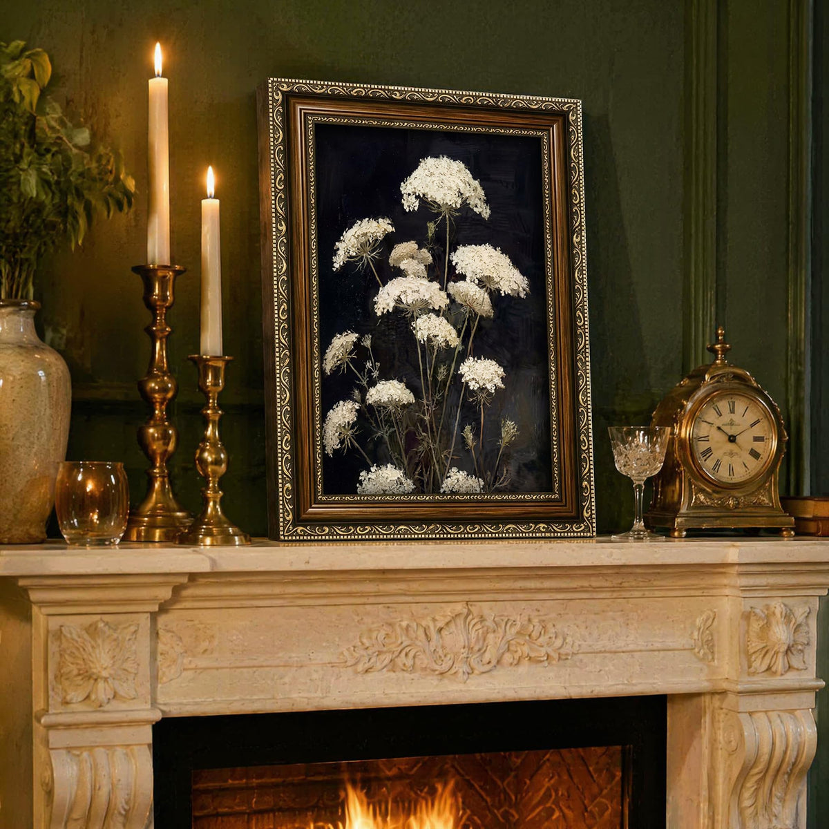 Vintage Queen Anne's Lace Framed Wall Art Moody Botanical Print Wall Decor (Radish Flower 2 / 24"L x 16"W)