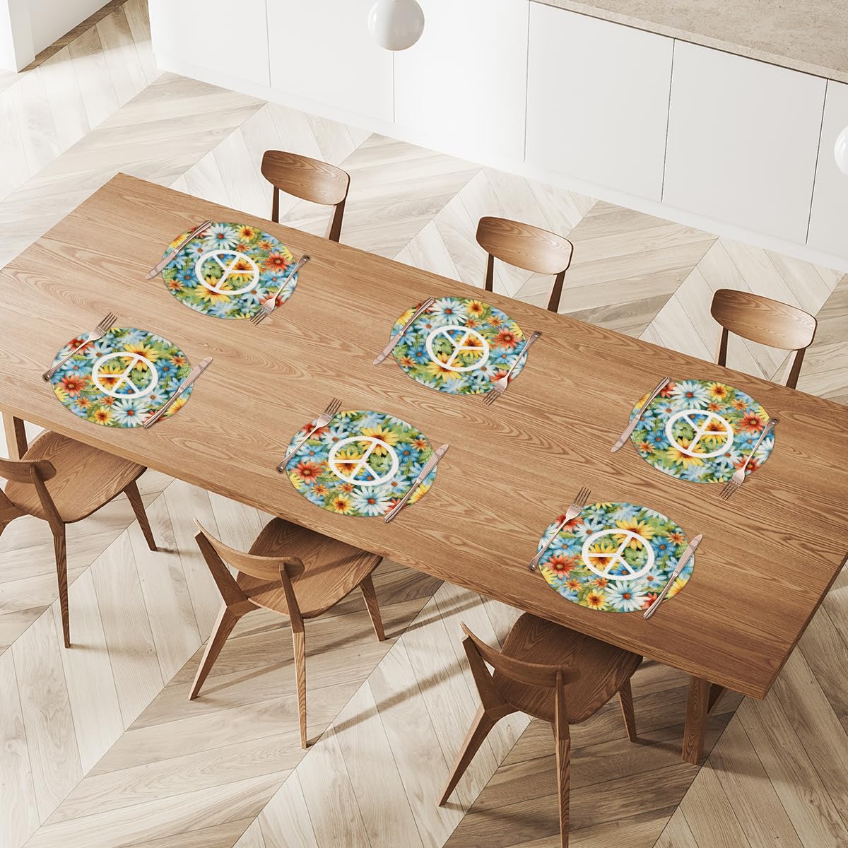 Peace Flowers Woven Placemats Round Placemats Set of 4 Festival Party (A 015 / 4 pieces)